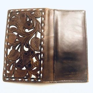 Western Rodeo Wallet Bi-Fold Genuine Dark Brown Leather Tooled Leaf Stitching